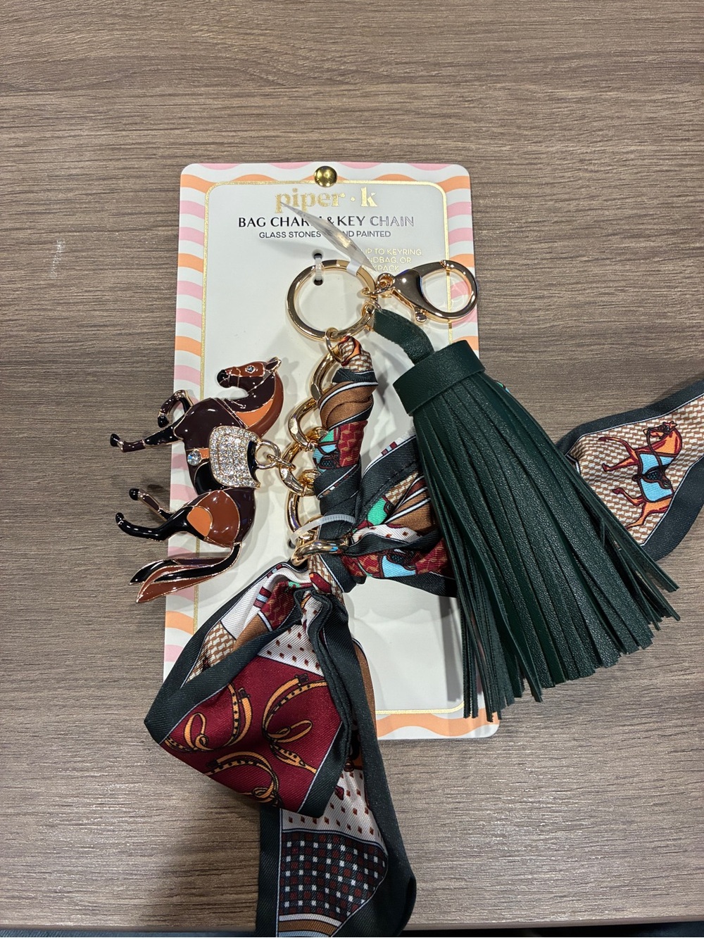 Dark Green Tassel Keychain with Maroon Scarf and Horse Charm